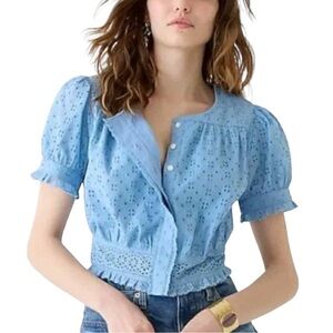 J. Crew Button Front Eyelet Blue Short Sleeve Cropped Top MEDIUM
